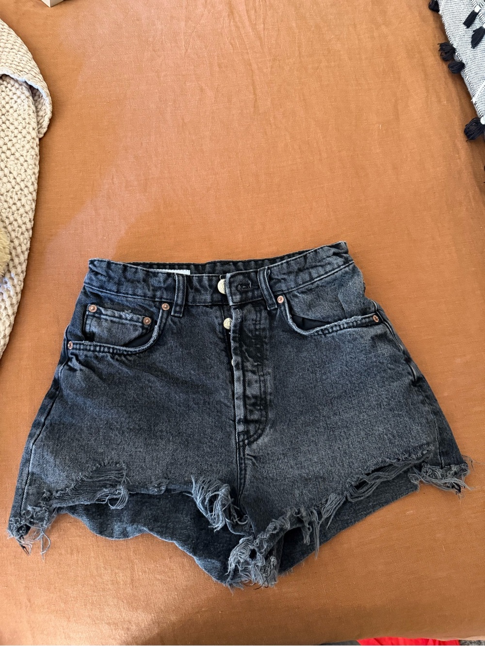 Zara Black High-Rise Distressed Denim Shorts